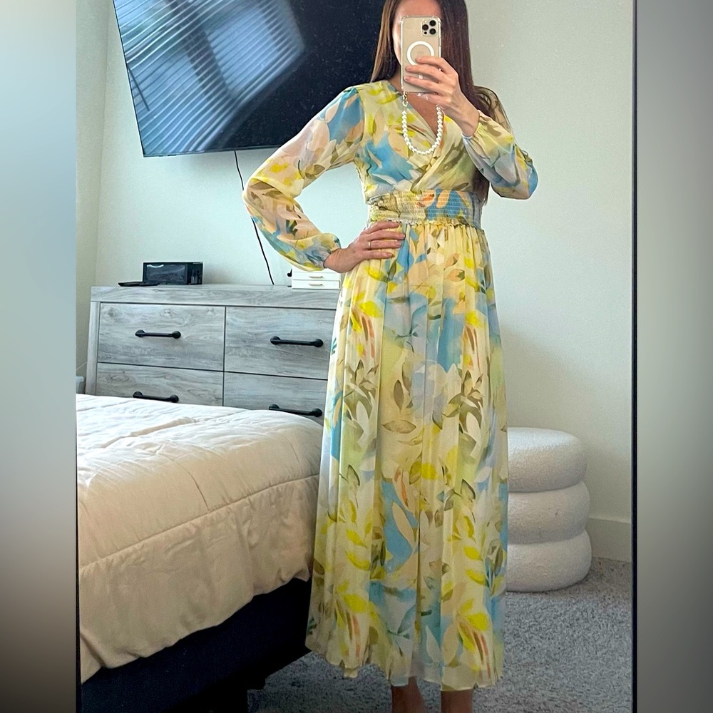 Laundry By Shelli Segal Yellow and Blue Wrap Sundress